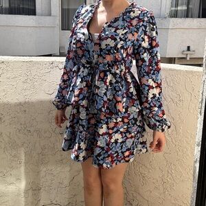 Brand NEW: Sugarlips Blue Ruffle Peplum Floral Long Sleeve Dress With Tie Waist